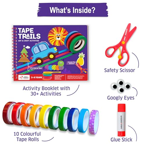 Image of Chalk & Chuckles Tape Trails Art and Craft Kit for Kids - 30+ Mess-Free Tape and Sticker Art Projects, Fine Motor and Scissor Skills Activity Book, Birthday Gift for Boys and Girls Ages 3 to 7