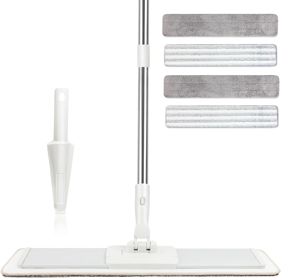 CQT Commercial Flat Microfiber Floor Mop Cleaning System 20" Inch Wet Dry and Dust Hardwood with 4 Washable Pads Cleaner for Laminate Tile Stainless Steel Handle and Extension (White)