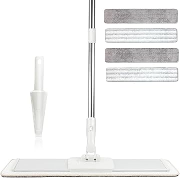 CQT Commercial Flat Microfiber Floor Mop Cleaning System 20" Wet Dry and Dust Hardwood with 4 Washable Pads Cleaner for Laminate Tile Stainless Steel Handle and Extension PT15 New
