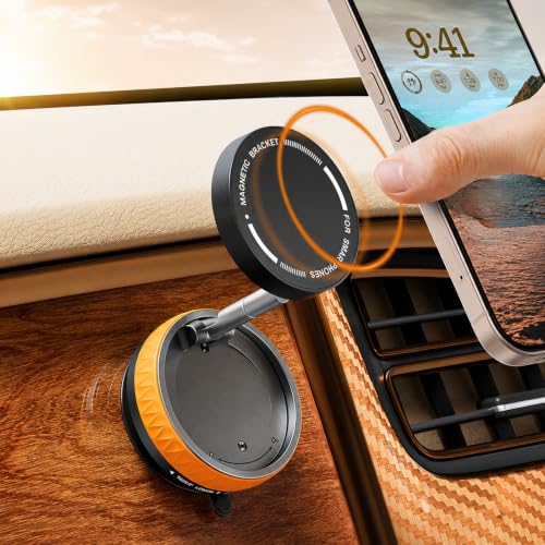 Image of Coolpow (1 Year Warranty) Foldable Magnetic Phone Stand Holder, 360 Rotating Desktop Mobile Stand, Adjustable Height & Viewing Angle, Strong Magnetic Mount, Portable for All Smartphones - Orange