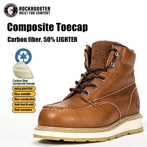 ROCKROOSTER Comfortable Work Boots Men, Composite Toe, Moc Toe Wedge Safety Water Resistant Leather Shoes for Electrician, Carpenter, Ironworker, Sheetmetal Worker constructions AP828-8.5 Brown