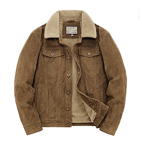 utcoco Men's Vintage Fleece Sherpa Lined Corduroy Denim Trucker Jackets Lapel Button Down Thickened Winter Coats (XL, Khaki)