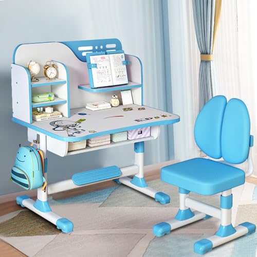 Image of Kids Desk and Chair Set with Castle Backboard - Height Adjustable Children's Study Table with Storage Drawer & Bookstand, Widened Desktop & Ergonomic Chair for Boys Girls 3-12 Years (Blue3)