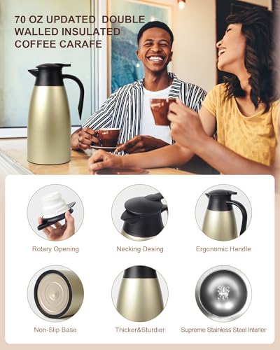 Image of Updated 70 Oz Thermal Coffee Carafe, 2.1L nsulated Stainless Steel Coffee Carafes for Keeping Hot Coffee & Tea Hot Beverage-12Hours, Double Walled Vacuum Coffee Carafe (Gold)
