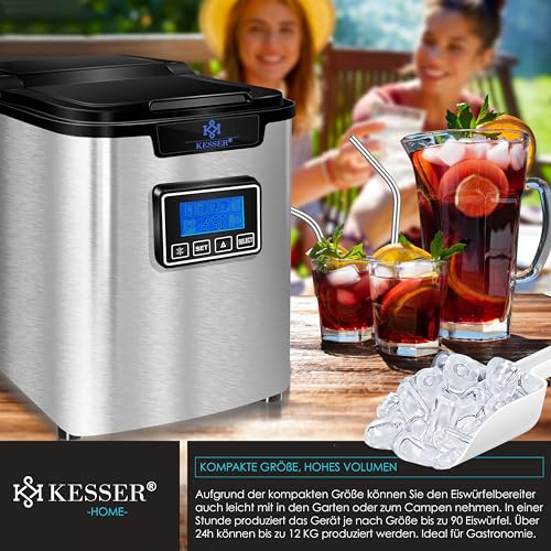 Miniatura 5 de Kesser Máquina De Hacer Hielo Cubitos De Acero Inoxidable 150w Cubitera 12 Kg 24 H 3 Tamaños Cubitos Preparación En 7 Min Tanque De Agua 2,2l Temporizador Pantalla Lcd Plata