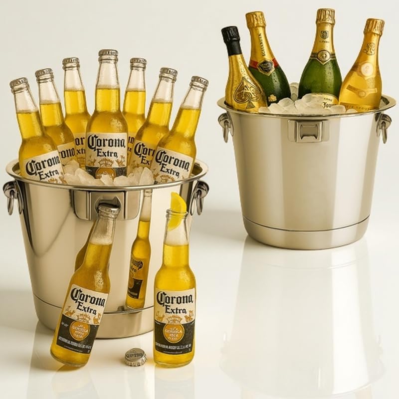 6L Large Ice Bucket 2PCS with Opener for Party, Mimosa Bar Supply Thickened Stainless-Steel Beverage Tubs for Champagne Beers Sparkling Wine Cocktails, Metal Drink Cooler/Holder Double Handles