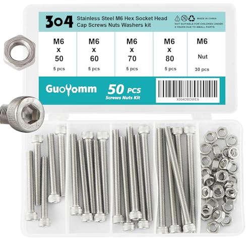 GuoYomm Juego de 50 tornillos de cabeza hexagonal interior M6 con tuercas, acero inoxidable 304, en caja de combinación, longitud: 50 mm, 60 mm, 70 mm, 80 mm