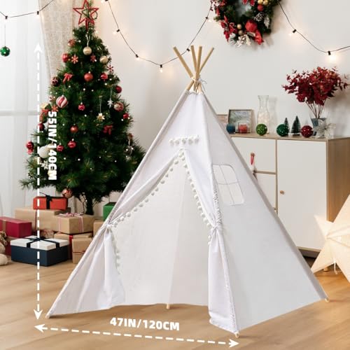 6 PCS White Kids Teepee Play Tent, Foldable Washable Tipi Tent Kids Boho Tent, Playhouse for Girls Boys Sleepovers Party Birthday Party Slumber Party for Indoor Outdoor Games - Thumbnail 3