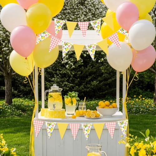 Image of Faccito 5 Pcs Lemon Pink Gingham Pennant Banners Summer Wedding Decor