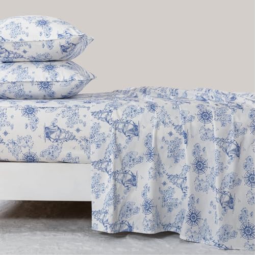 Image of FADFAY Premium 100% Cotton Nautical Sheet Set King - Coastal Blue & White Sailing Ship Bed Sheets, Vintage Maritime Map Print, Soft Breathable Deep Pocket Bedding, 4 Piece Set