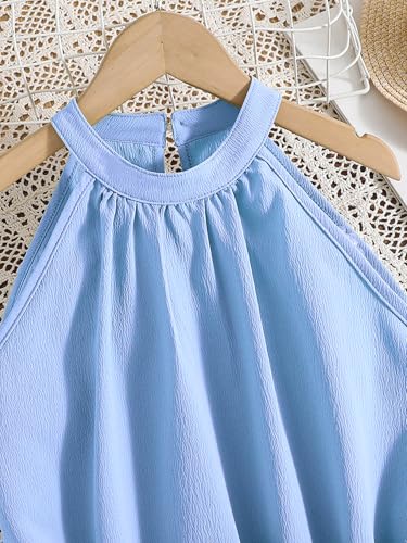 Girl's Solid Sleeveless Halter Pleated High Waist Mini Dress with Belt3