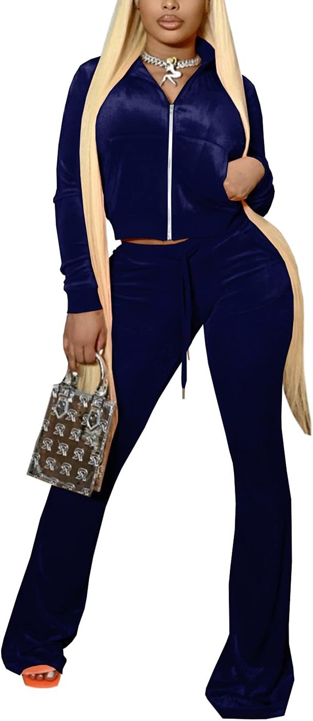 CCIGO Women's 2 Piece Outfits Velvet Sweatsuits Zip-up Jacket Casual Jogger Tracksuit Set with Pockets