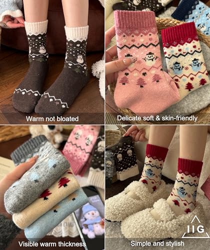 Image of IIG Cute Warm Wool Socks for Women Super Cozy Thick Crew Winter Socks Gifts, 5 Pairs