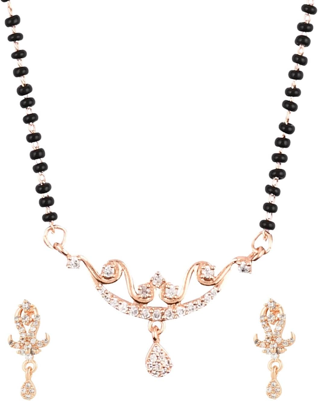 I Jewels Indian Wedding Bollywood Designer Rose Gold Plated Black Beads CZ AD Mangalsutra With Earrings Set For Women (D09-1)