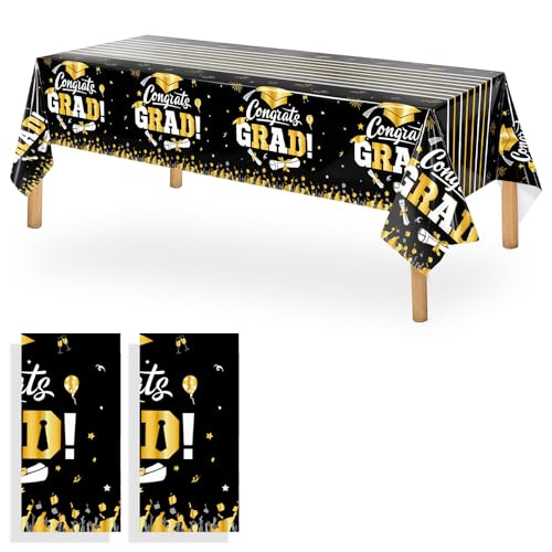 Image of OQOQ Graduation Decorations 2026 Tablecloth (Black,2 Packs), 54x108 Inches 2026 Graduation Congats Party Decorations Plastic Black Table Cloth Disposable Table Cover