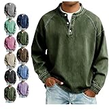 Caractéristiques : chemises Henley vintage pour homme avec manches longues, col à revers, demi-bouton, col en V, uni, coupe ajustée, couleur unie, tissu délavé, coupe ample, vintage, poignets et ourlet côtelés