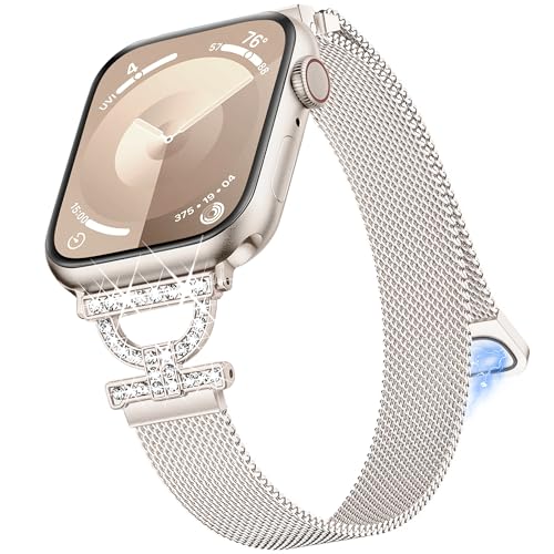 Aniaboho Compatible with Dressy Designer Apple Watch Bands for Women Men 44mm 49mm 45mm 42mm, Bling Diamond D-shaped iWatch Bands for Apple Watch Ultra 2 1 SE Series 9 8 7 6 5 4 3 2 1 Band (Starlight)