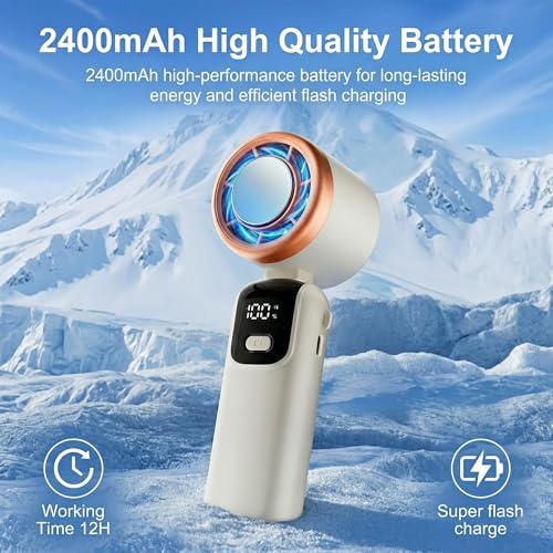 Image of OLV Mini Portable Hand Fan, 14000 RPM High Speed with Ice Frost Touch Mode, 2400mAh USB Rechargeable Battery, LED Battery Display, 90 Rotatable Mini Fan for Travel, Office, Makeup & Outdoor White