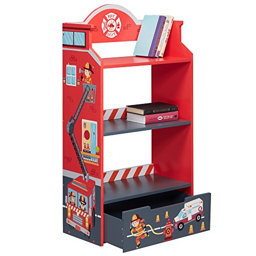 Fantasy Fields - Little Fire Fighters Themed Kids Sturdy Wooden Bookshelf with Storage , Tier Shelves Bookcase and 1 Toy Storage Drawer, Red - Thumbnail 7