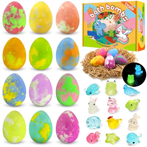 Easter Bath Bombs for Kids with Toys Inside - Perfect Basket Stuffers 12Pcs Kids Bath Bombs with Glow-in-The-Dark Surprise Inside Handmade Bubble Bath Fizz Balls Gentle and Kids Safe for Girls Boys