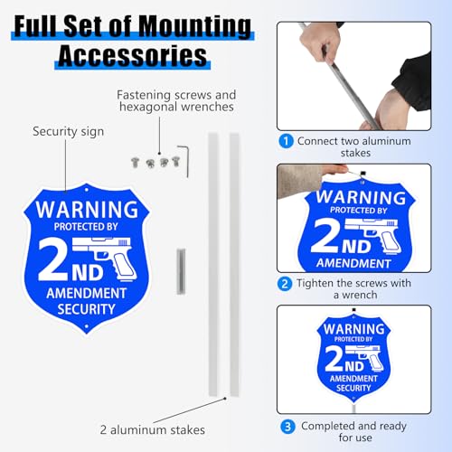 9" x 28" Shield Shape Home Security Signs for Yard with Stake and Accessories, Protected by 2nd Amendment Security Alarm Sign with Gun Graphic, No Trespassing Sign, Warning Signs for Home Security
