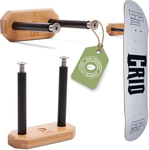 CRID® Skateboard Wandhalterung mit schwebe Effekt zur Aufhängung von Skateboards, aus nachhaltigem Bambus mit gratis Montage-Kit, Marktneuheit mit einzigartigen Aluminium Stand-Offs statt Schrauben Cover