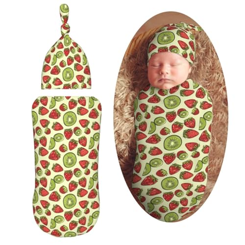 Image of Painting Kiwis and Strawberries Newborn Swaddle Blankets Hat Sets Soft Baby Receiving Blanket Swaddle Sack for Baby Shower Infant Boy Girl Gift