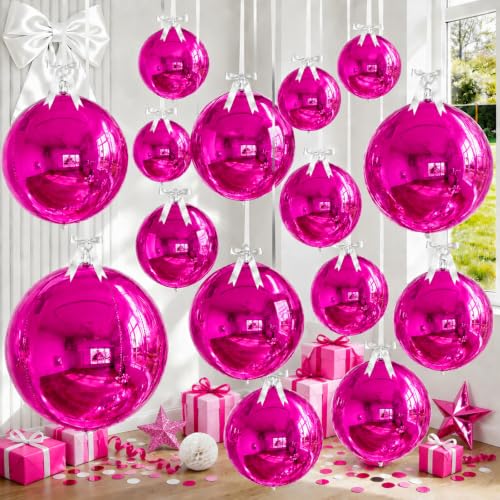 Image of 14 Pcs Hot Pink Round Foil Balloons 22 /15 /10 4D Ball Balloons Metallic Pink Fuchsia Balloon Ornament Mylar Balloon Chrome for Graduation Birthday Anniversary Disco Valentines Party Decorations