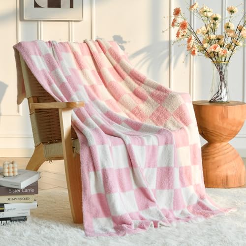 Image of Checkered Throw Blanket for Couch, Pink Checkerboard Blankets with Soft Fluffy Microfiber for Bed Sofa, Cozy Knit Lightweight Decorative Travel Bed Blanket for Camping Picnic, 27"x39"