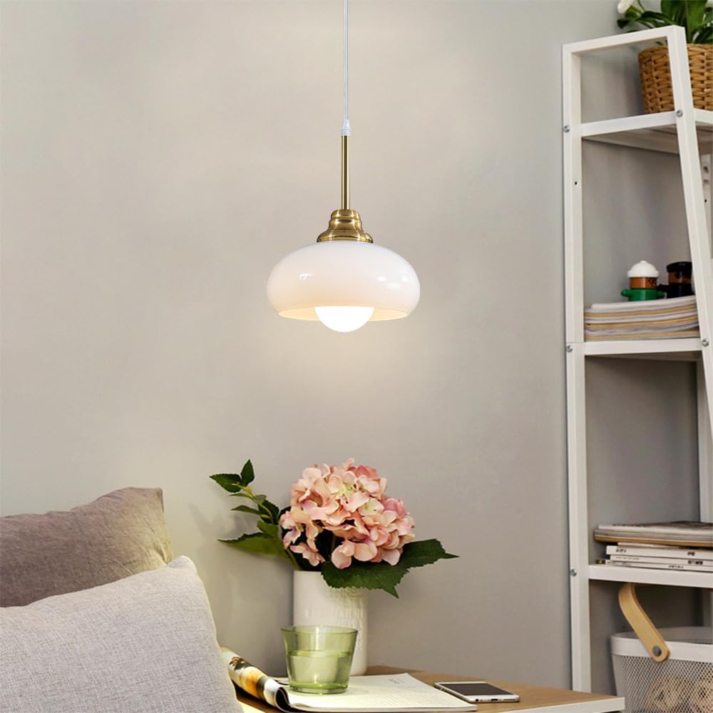 Lights Indoor French Vintage Milky Lampshade Nordic Hanging Lamp Metal Finish Ceiling Drop Socket for Kitchen Island Bedroom(D)/a