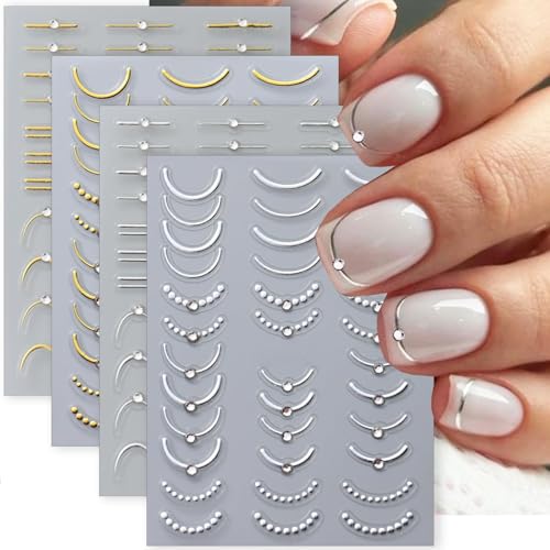 Stickers Ongles 5D French Manucure, Autocollants pour Ongles Nail Art Dorés et Argentés, Déco Ongle Strass Chic, Accessoires Manucure pour Femmes et Filles,...