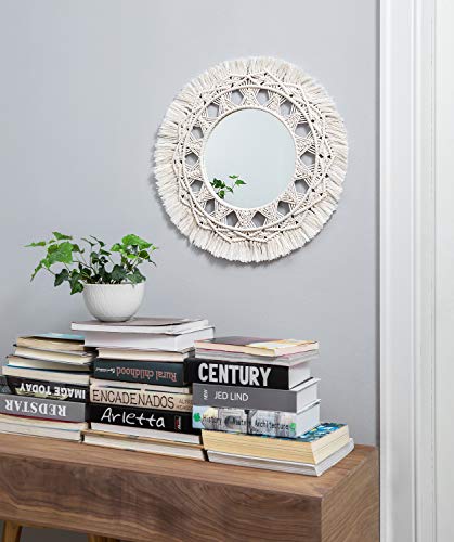 Dahey Macrame Hanging Wall Mirror With Boho Fringe Round Decorative Mirror For Apartment Living Room Bedroom Home Decor, 13" W × 13" L #TOP2