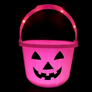 GiftExpress Pink Light Up Halloween Pumpkin Bucket - Plastic Jack O Lantern w/Glow In The Dark Handles - Trick Or Treat Candy Basket & Cauldron Decoration Pail For Kids