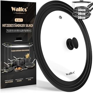 Walfos Universal Lid for Pots, Pans and Skillets - Fits 33cm, 36cm and 38cm Diameter Cookware, Glass Pan Lid with Heat Resistant Silicone Rim, (Black)