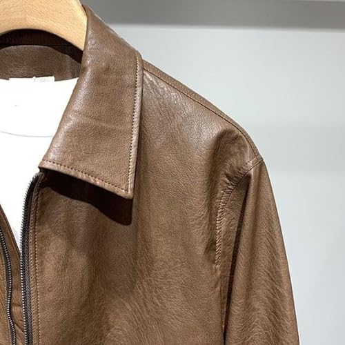 JEKE-DG Men's Long Sleeve Short Motorcycle Coat Lapel Full Zip Bomber Coat Jacket Faux Leather Loose Fit Coats4