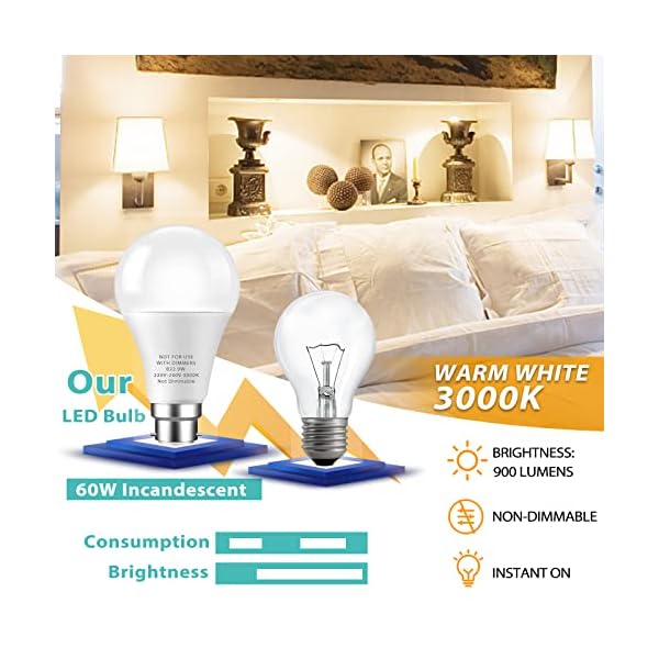 Bombubilla B22 LED-leuchtmittel, Warmweiß 3000K 9W Superhell Bajonett-leuchtmittel, Entspricht 60W Glühbirne, 900LM… – Bild 3