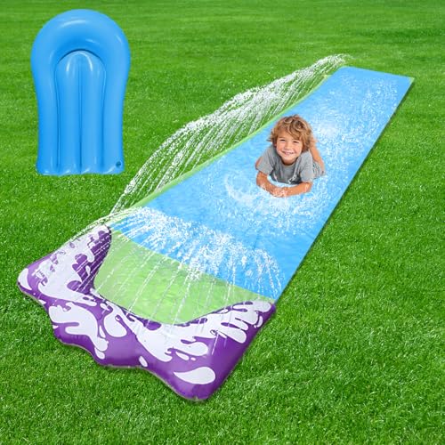 Golgner Toboggan aquatique gonflable de jardin pour enfants, 480 x 70 cm, avec planches de bodyboard, arroseur intégré, pour pelouse, jardin et extérieur