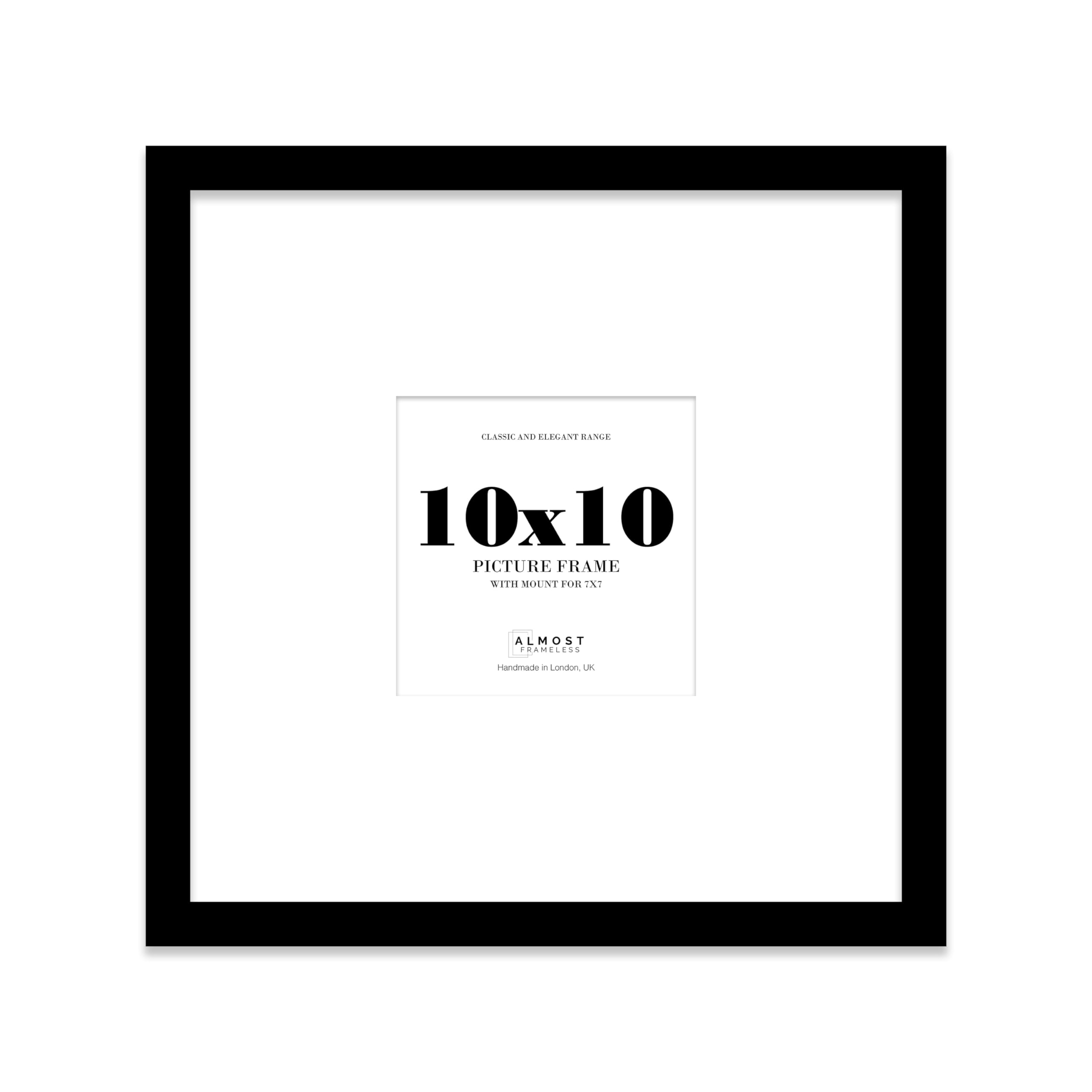 Almost Frameless 10x10 Square Picture Frame, Display Pictures 8x8 With Mat or 10x10 Without Mat, Wall Hanging & Free Standing Photo Frame, Black, 1 Pack