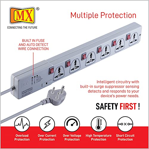 Image of MX 6‑Outlet Universal Power Strip with 3 m Extension Cord, Individual Switches, 5 A Surge Protector, Multi‑Plug Board for Home & Office