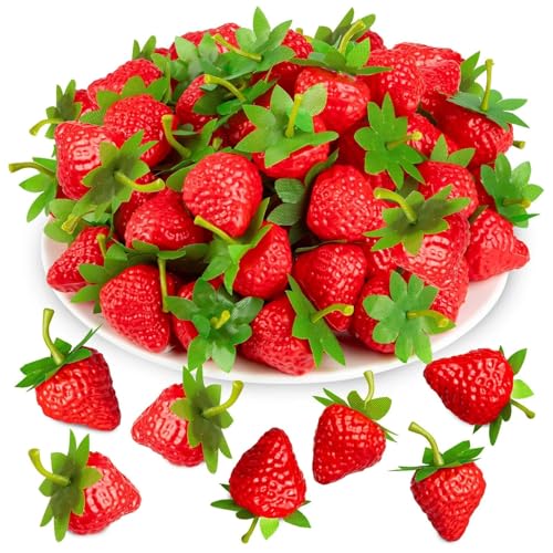 CLESDF 80Pcs Fake Plastic Strawberries, Artificial Lifelike Strawberries