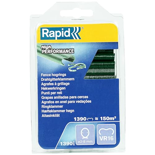 Rapid VR16 - Agrafes à Grillage en Acier Galvanisé, Plastifié Vert, Compatible avec les Grillages 2-8 mm, Idéal pour Sécuriser Cages & Clôtures, 1390 Pièces, Emballage sous Blister (40108800)
