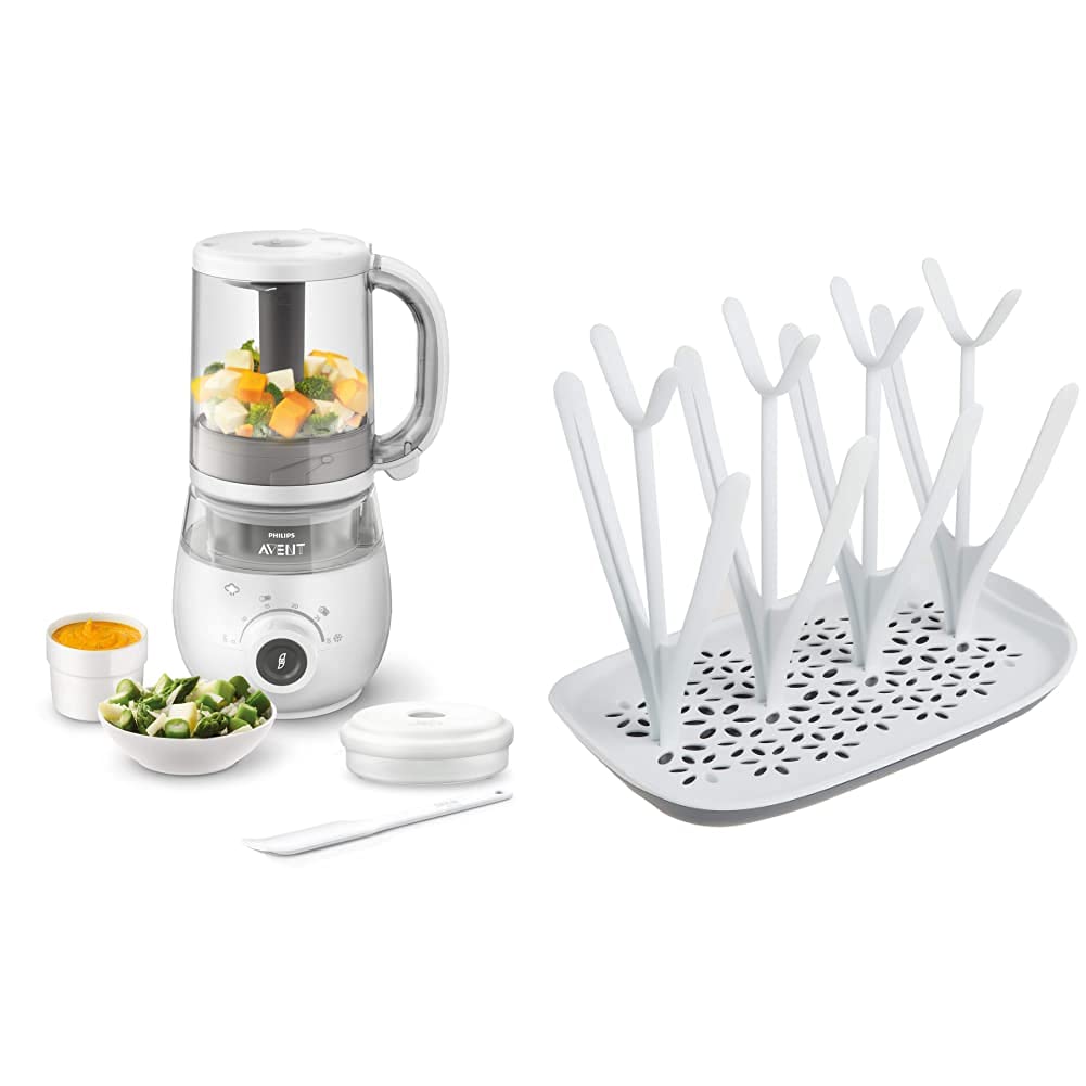Philips Avent 4-in-1-Babynahrungszubereiter SCF883/01, Dampfgarer, Dampfgaren, Mixen, 1000ml Kapazität, weiß & SCF149/00 Trockenständer, weiß/blau