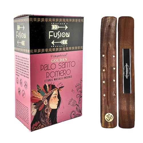 Aromasenses | Caja Completa con 12 Cajetillas de Incienso Golden Fusion Palo Santo y Romero 15 Gramos + 1 Tablilla Aromasenses | Incienso Etnico 100% Natural | Limpiador de Energias