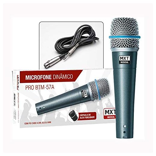 Microfone Dinamico PRO BTM-57A Metal - Profissional com Cabo 3 Metros O.D.5.0 MM