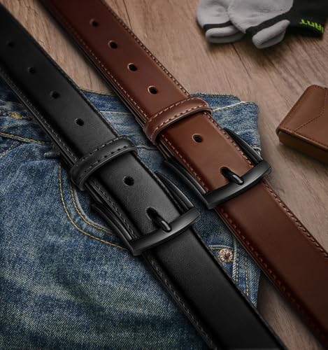 Image of BULLIANT Men Belt 2Pack-Leather Belt 7Holes Comfortable For Men's Dress Casual Jeans 1 3 /8 inch
