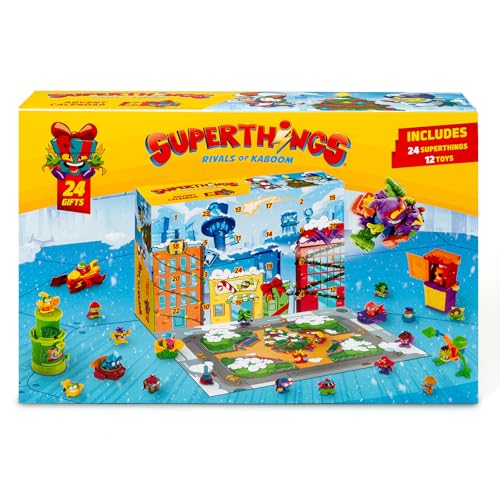 Superthings Calendrier de l'Avent avec 24 cadeaux et surprises spéciaux. Comprend des mini figurines de Superthings, Hideouts, Jets, Exoskeletons et Special Vehicles
