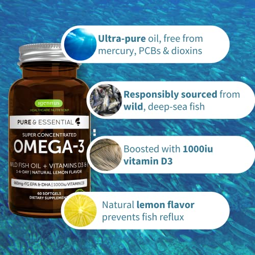 Pure & Essential Omega-3 & D3 1000Iu, Fast-Acting Rtg, Support Eyes, Heart & Brain Function, 1-A-Day, Highly Concentrated Epa & Dha Wild Fish Oil, Non-Gmo, 60 Softgels #TOP2