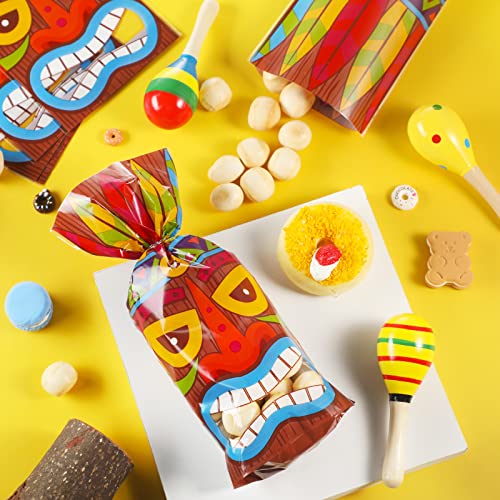 100 Pcs Tiki Luau Cellophane Treat Bags Plastic Hawaiian Gift Bags Clear Aloha Cookie Goodie Candy Bags Wide Bottom Summer Tropical Favor Bags With Twist Ties For Hawaiian Tiki Birthday Party Supplies #TOP3