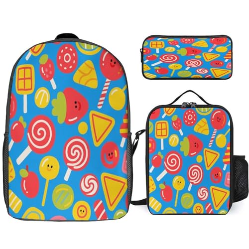 Printed Backpack With Lunch Pack Storage Box Case Candy Blast 3pcs Lightweight Travel Backpack