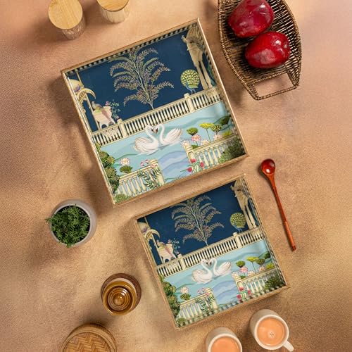 Image of Wooden Serving Tray with Gold Engraving | Set of 2 | Size : 12 x 12 inch & 10 x 10 inch | Enamel Coated Waterproof | Square Trays | Decorative Trays | (Swan Square Trays Set)